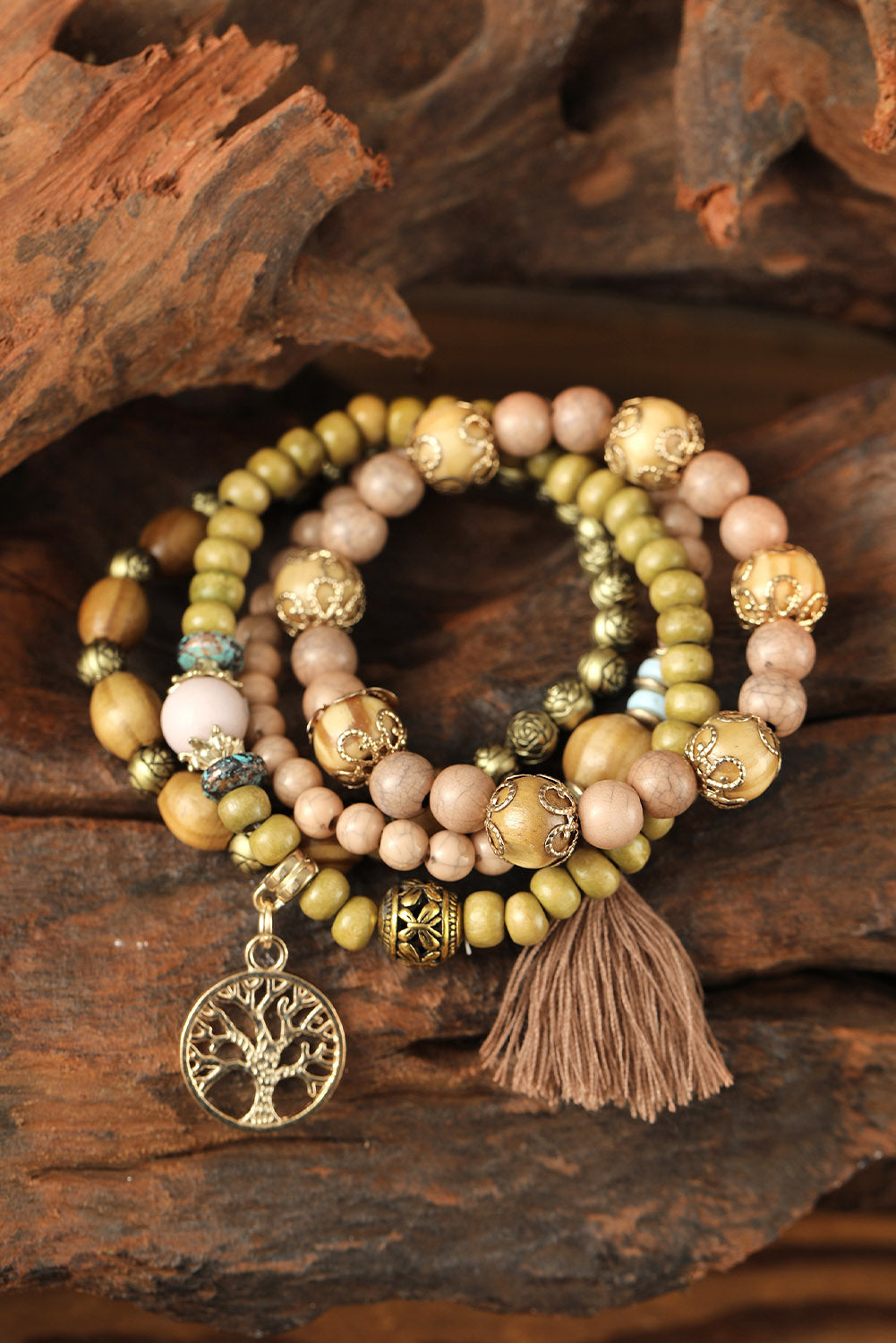 Brown Tree Of Life Charm Tassel Layers Wood Beads Bracelet - The Lakeside Boutique