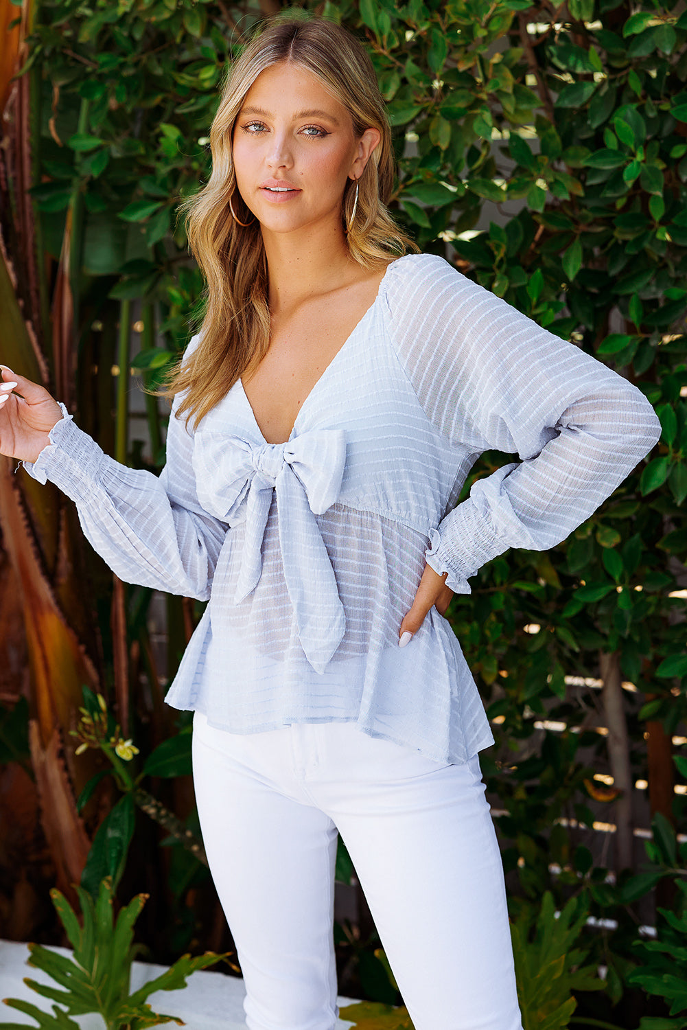 Striped Deep V Bow Detail Babydoll Top - The Lakeside Boutique