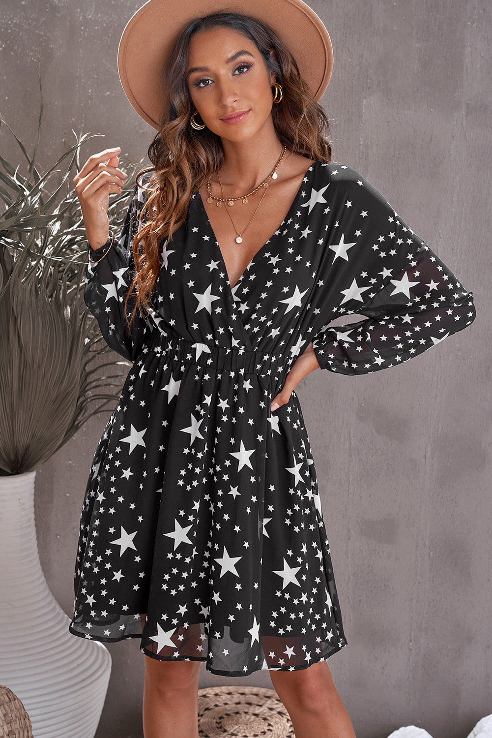 Star Pattern Surplice Dress - The Lakeside Boutique