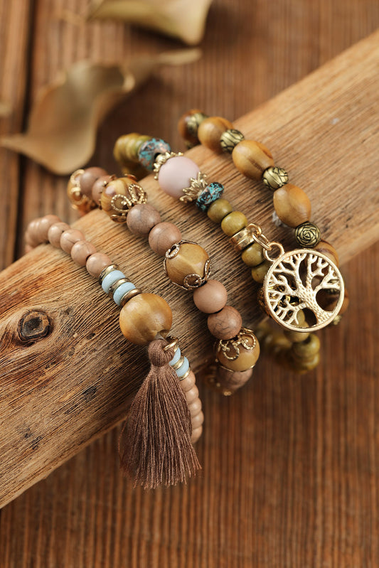 Brown Tree Of Life Charm Tassel Layers Wood Beads Bracelet - The Lakeside Boutique