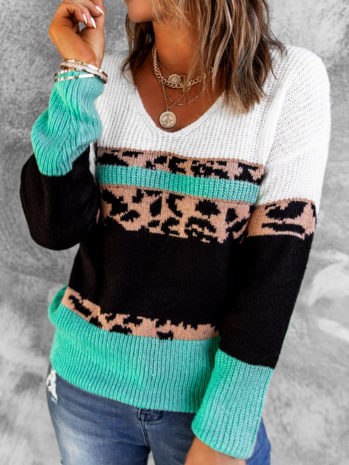 Leopard V-Neck Rib-Knit Sweater - The Lakeside Boutique