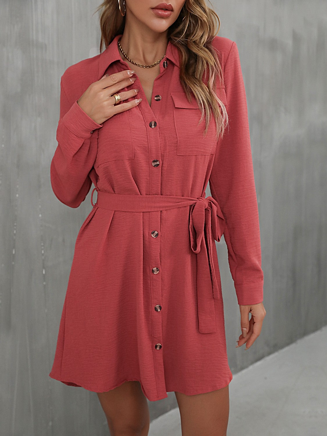 Button Down Belted Long Sleeve Shirt Dress - The Lakeside Boutique