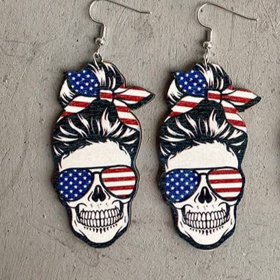 Flag Mom Bun Skull Wood Earrings - The Lakeside Boutique