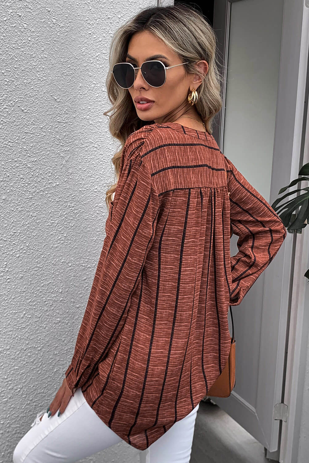 Striped V-Neck High-Low Shirt with Breast Pocket - The Lakeside Boutique