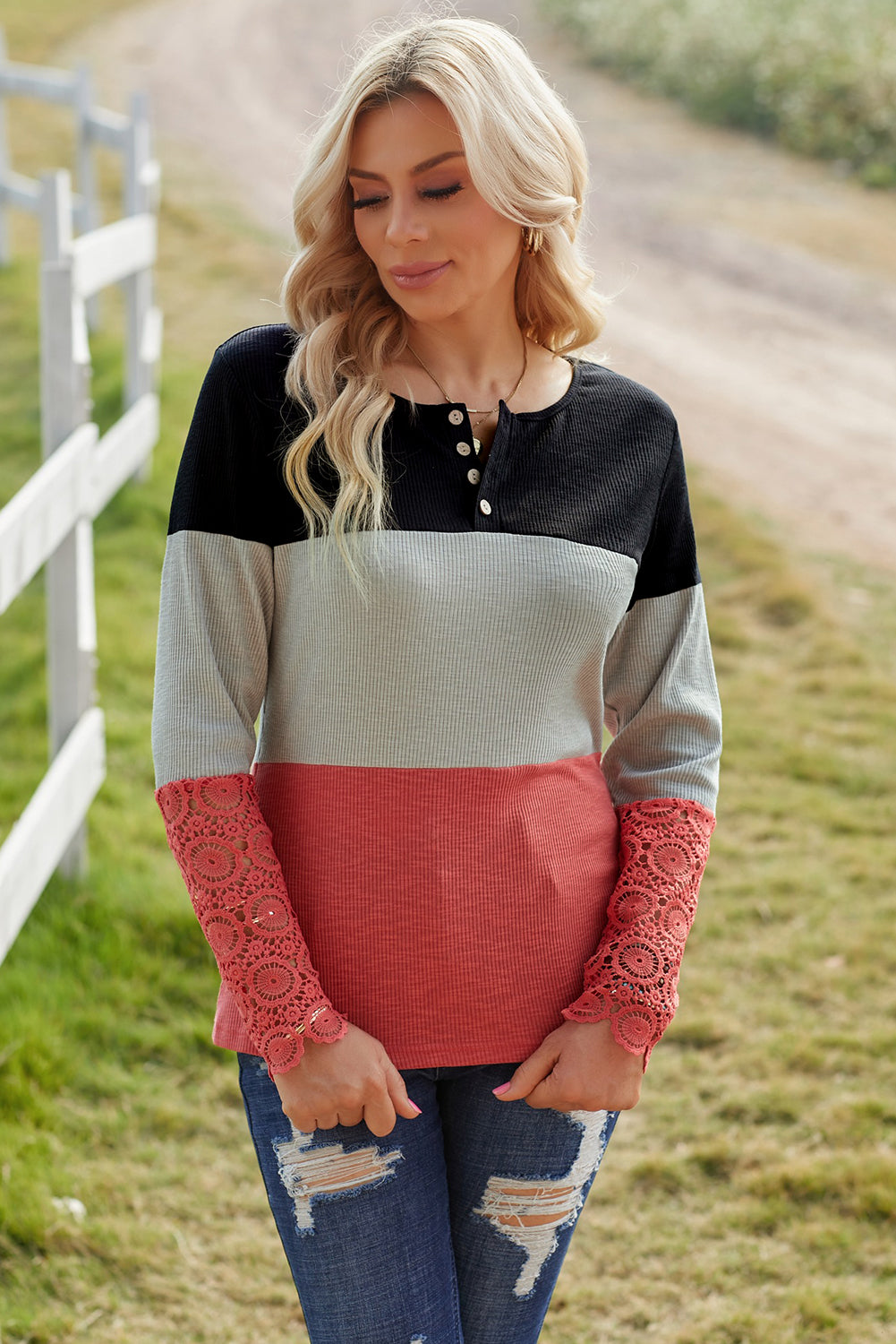 Color Block Spliced Lace Sleeve Ribbed Top - The Lakeside Boutique