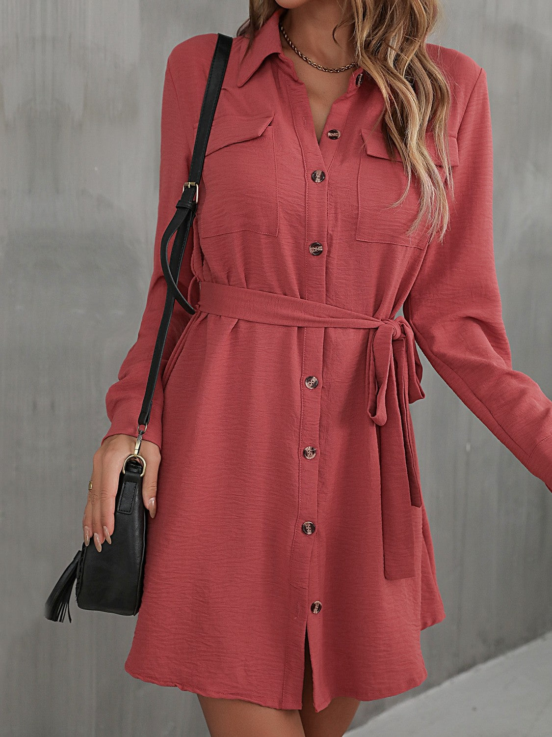 Button Down Belted Long Sleeve Shirt Dress - The Lakeside Boutique