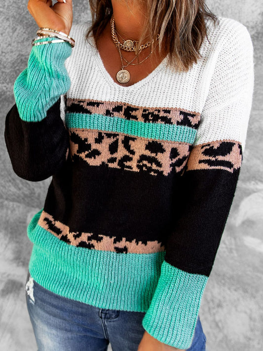 Leopard V-Neck Rib-Knit Sweater