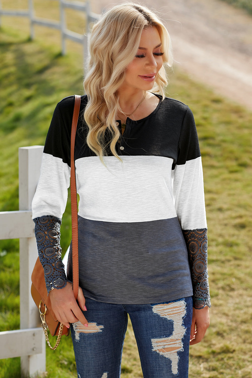 Color Block Spliced Lace Sleeve Ribbed Top - The Lakeside Boutique