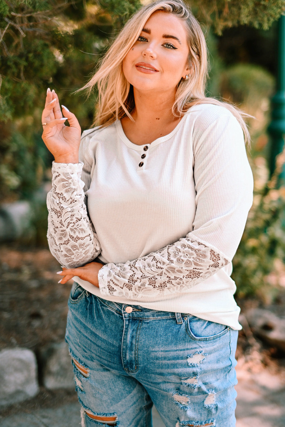 Plus Size Spliced Lace Ribbed Henley Top - The Lakeside Boutique