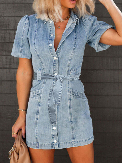 Puff Sleeve Button Up Mini Denim Dress - The Lakeside Boutique